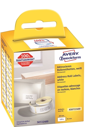 Avery address label on roll 89 x 36 mm, 2 x 260 pcs.